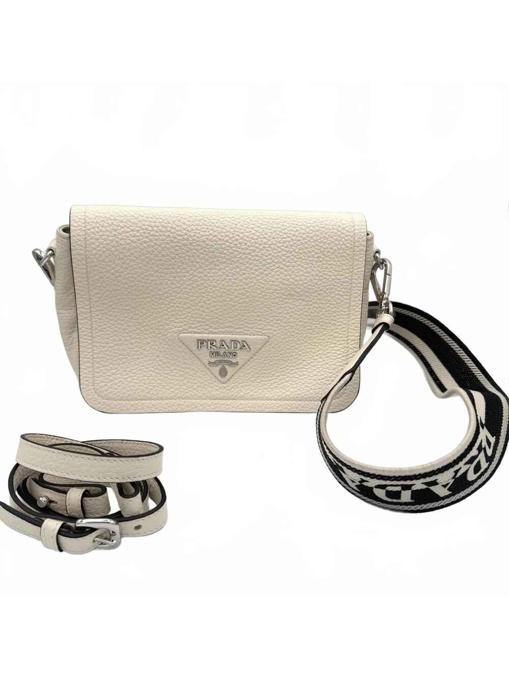 PRADA White Vitello Daino Leather Flap Shoulder Crossbody Bag - Authentic